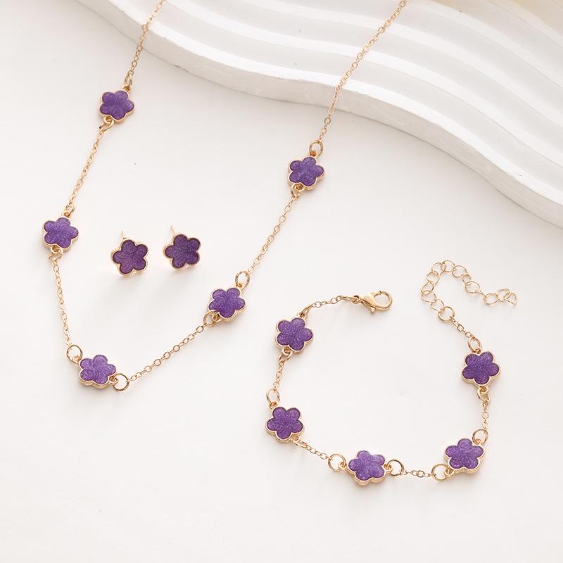 3 PCS Light Luxury Flower Bracelet Sets for Women Fashion Lucky Five-leaf Clover Earrings Necklace Friendship Party Jewelry