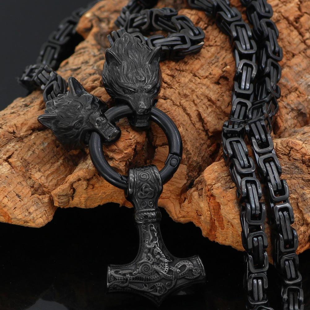 Nordic Wolf Men Necklace Viking Wolf Head Pendant Stainless Steel Norse Amulet Jewelry Scandinavian Rune Accessories