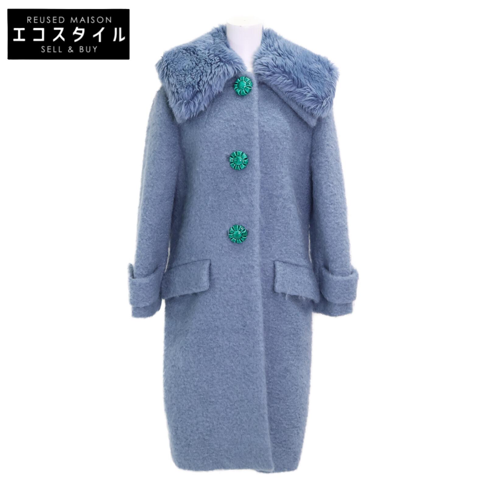 

MIUMIU [Good condition/Domestic regular] MS1417 1PTP with fur collar, flower buttons, mohair blend coat 42 blueUsed