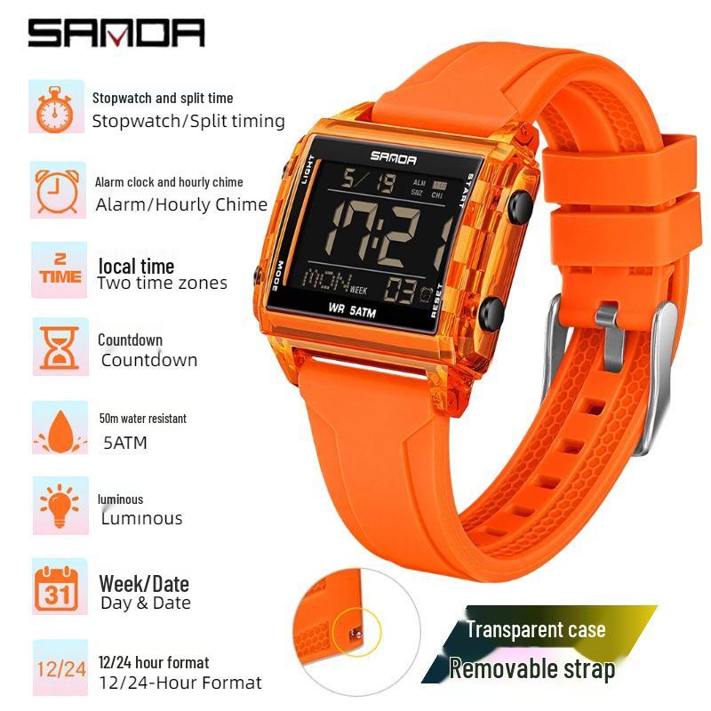SANDA Men's Luminous Waterproof Sports Watch - Square Design with Multifunctional Countdown Timer