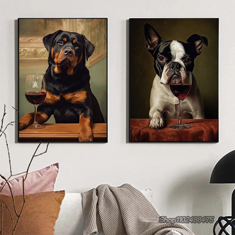 Vintage Dog Portraits Posters and Prints French Bulldog German Shepherd with Red Wine Wall Art Canvas Painting Home Room Decor