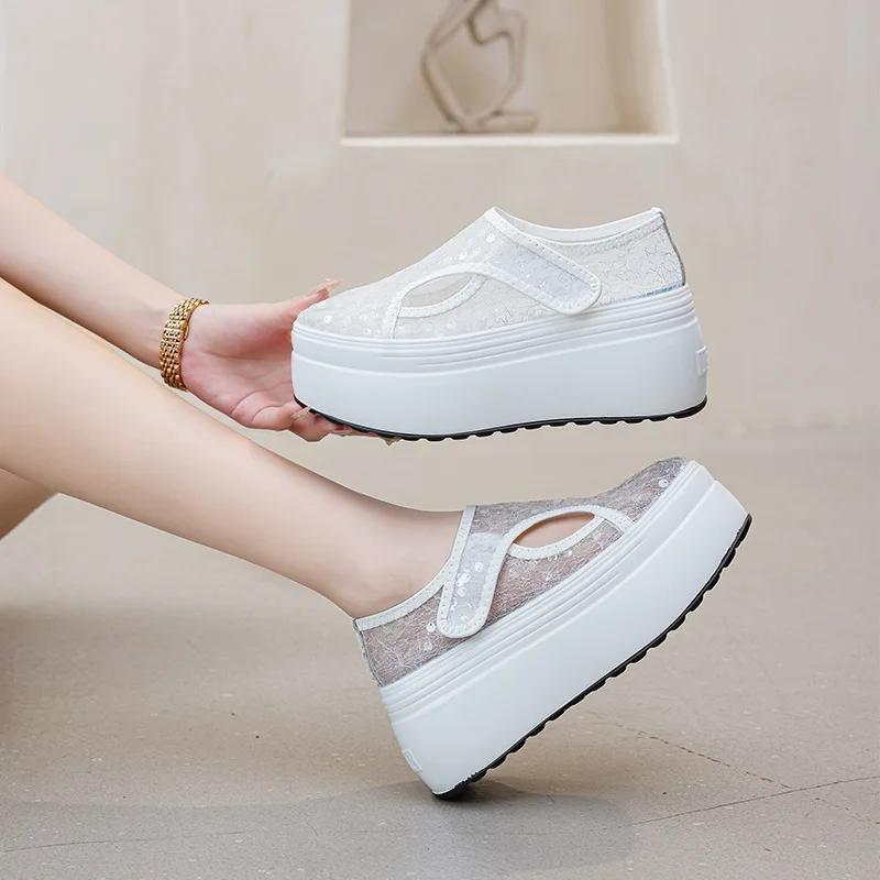 Fashion 8CM Air Mesh Synthetic Leather High Brand Casual Falt Women Shoes Ladies Vulcanize Summer Platform Wedge Sneakers Breathable