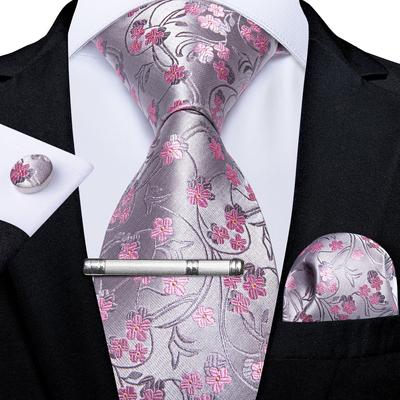 Mens Ties Fashion Floral Necktie 8.5cm Silk Tie Clip Hanky Cufflinks Set for Business Wedding Party