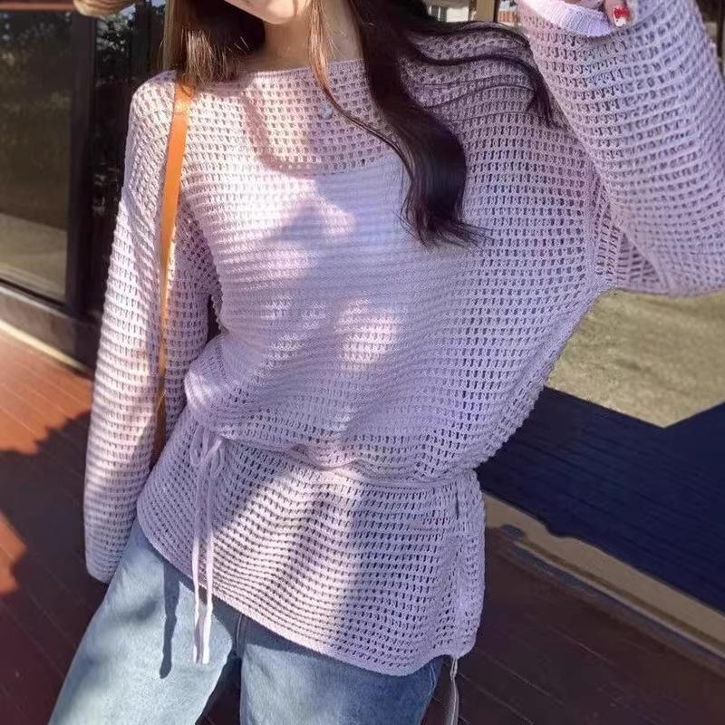 One-word Shoulder Hollow Long-sleeved Knitted Sweater Women's Early Spring Loose Outer Cover Sunscreen Blouse Slanted Shoulder Top Hollow Sunscreen
