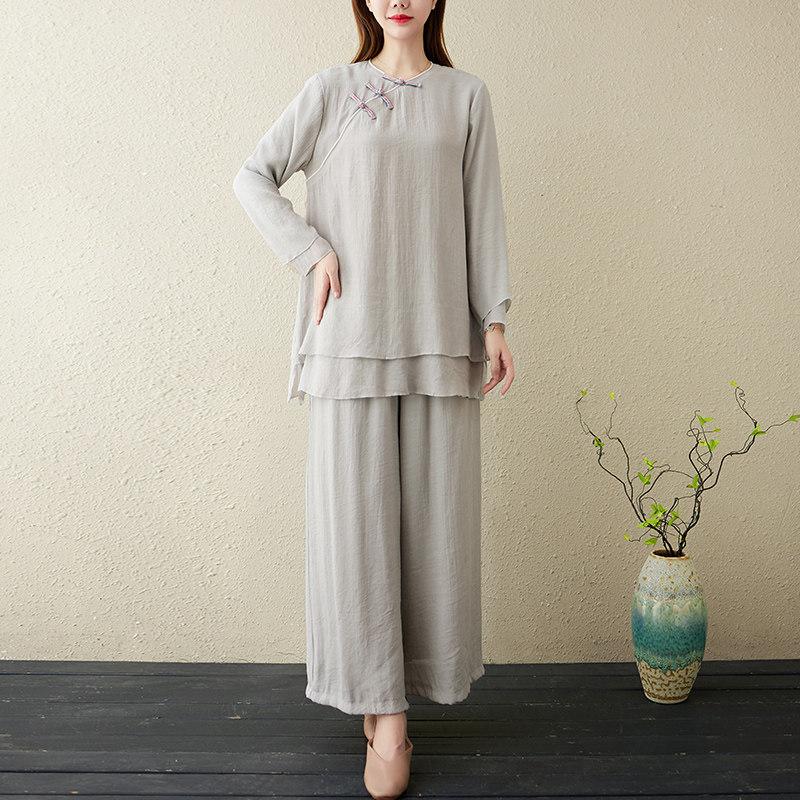 Ensemble 2 pièces Style Chinois pour Femme, Tenue de Yoga, Vêtement de Méditation Bouton Grenouille en Lin, Costume Laïque Bouddhiste Respirant d'Été