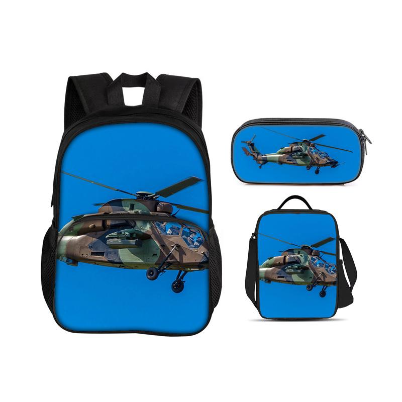 Helicopter Round Front Bag Backpack, Pencil Case, Ice Pack, 3Pcs Set, Mechanical Printing Best Gift for Boys and Girls In School
