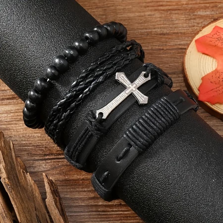 4pcs Set Handcrafted Men'S Bracelets with Cross Alloy | Faux Leather, Vintage Style, Suitable for Daily and Gift Occasions