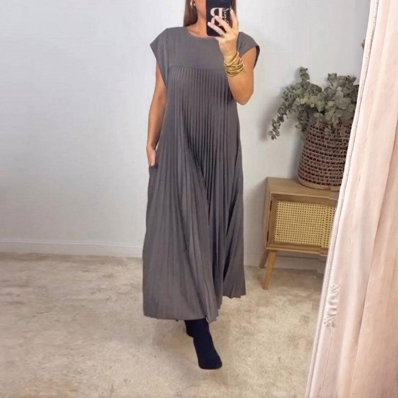2026 Spring Women s Solid Sleeveless Slim Fit Pleated Long Dress S