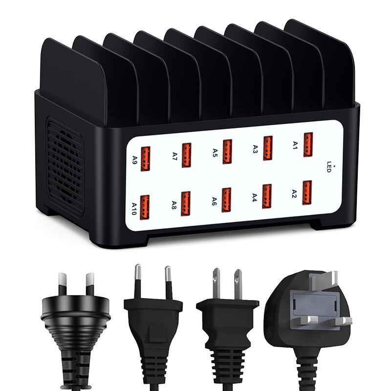 10-Port USB Charger with Stand - Multi-Port Power Strip, 5V 2A US Plug чёрный