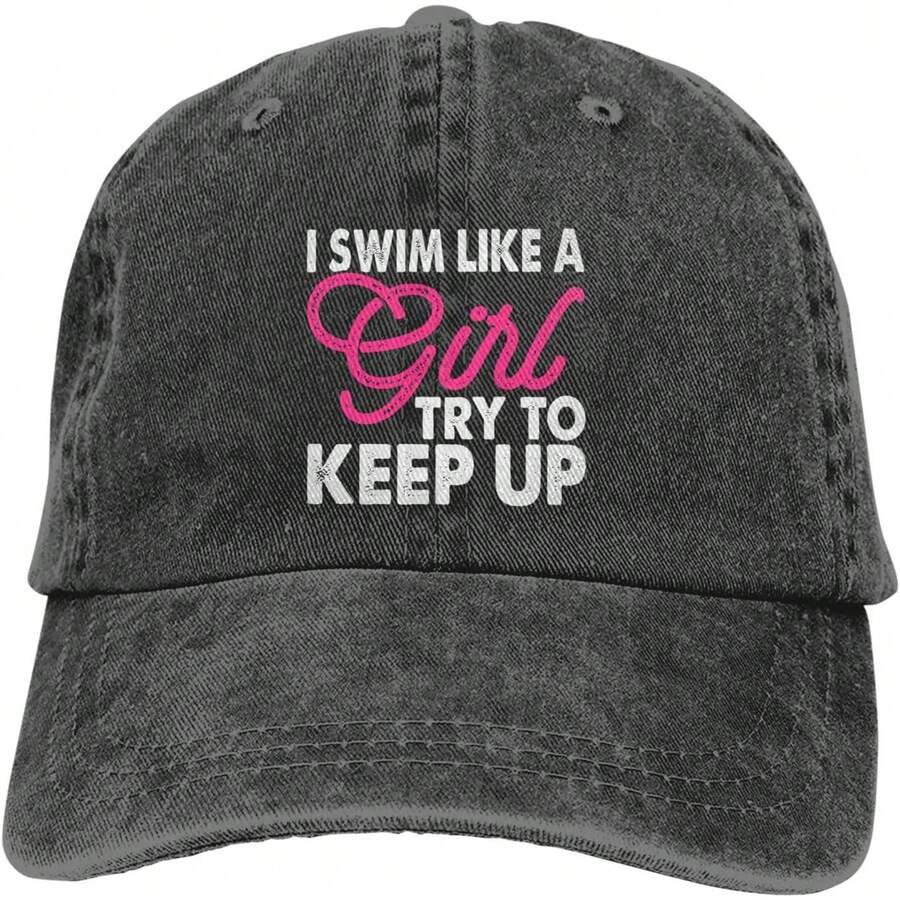 Adjustable Cotton Baseball Cap With Embroidered Swim Like A Girl Quote Unisex Low Profile Dad Hat