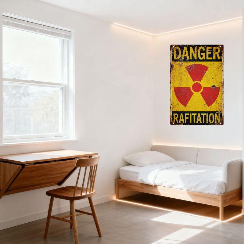 Vintage Danger Radiation Metal Tin Sign, Weathered Aged Warning Plaque with Radiation Symbol, Rusty Decor for Man Cave Bar Home