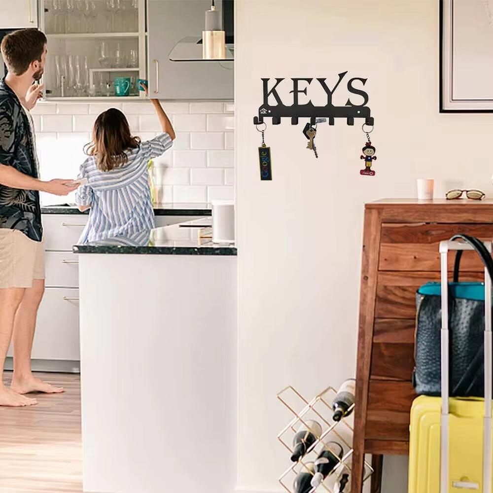 Suport pentru chei, montat pe perete, metal negru – 25x11x2,5 cm, cuier elegant pentru chei cu cârlige, suport pentru prosoape și haine pentru decorarea peretelui sufrageriei
