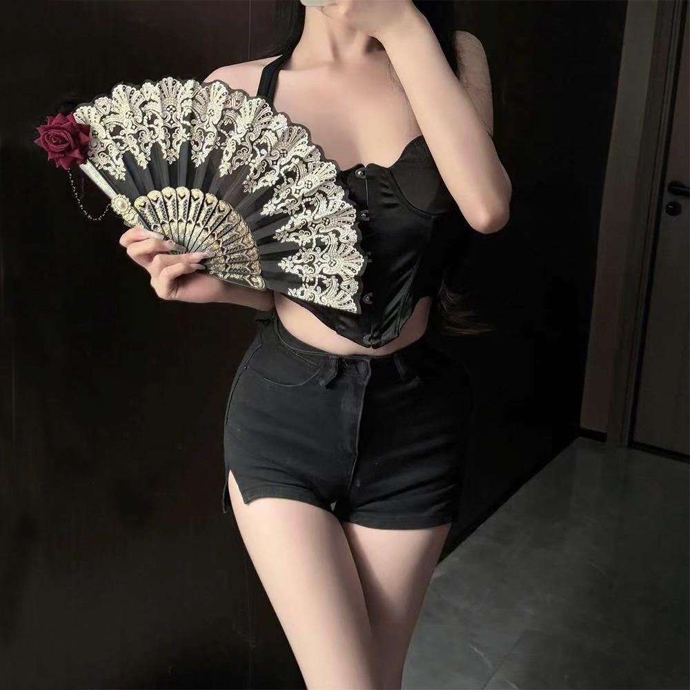 Art Craft Gift Lace Rose Folding Fan Gothic Dance Cosplay Hand Held Fans Home Wedding Party Photograph Props