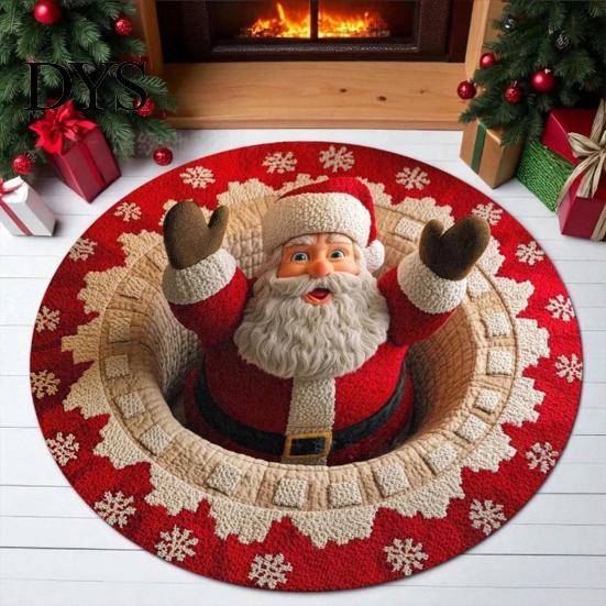 Cozy Indoor Floor Covering Christmas Round Rug, 3D Illusion Mat, Holiday Winter Carpet, Soft Gnome Deer Crystal Velvet Mat Santa House Festive Rug for