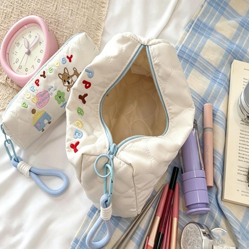 Ins Embroidery String Makeup Bag New Cute Cartoon Dot Flower Student Stationery Pencil Pouch Large Capacity Makeup Storage Bag
