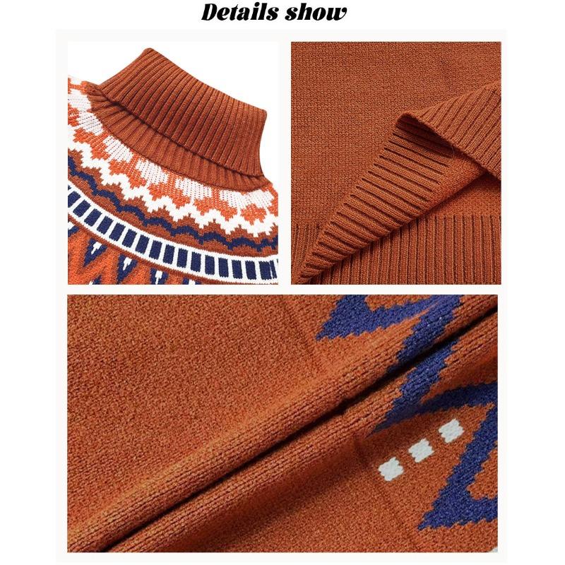 Autumn Winter High Neck Loose Knit Sweaters Retro Striped Patchwork and Contrasting Colors Sweaters