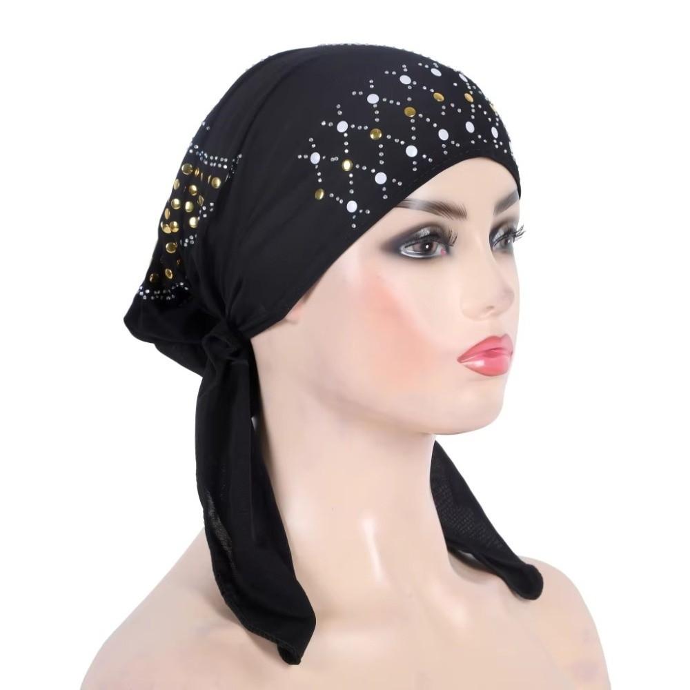 Fashion Gold Sequins Turban Hijab Cotton Breathable Pull On Headwrap Solid Color Soft Headscarf Hat