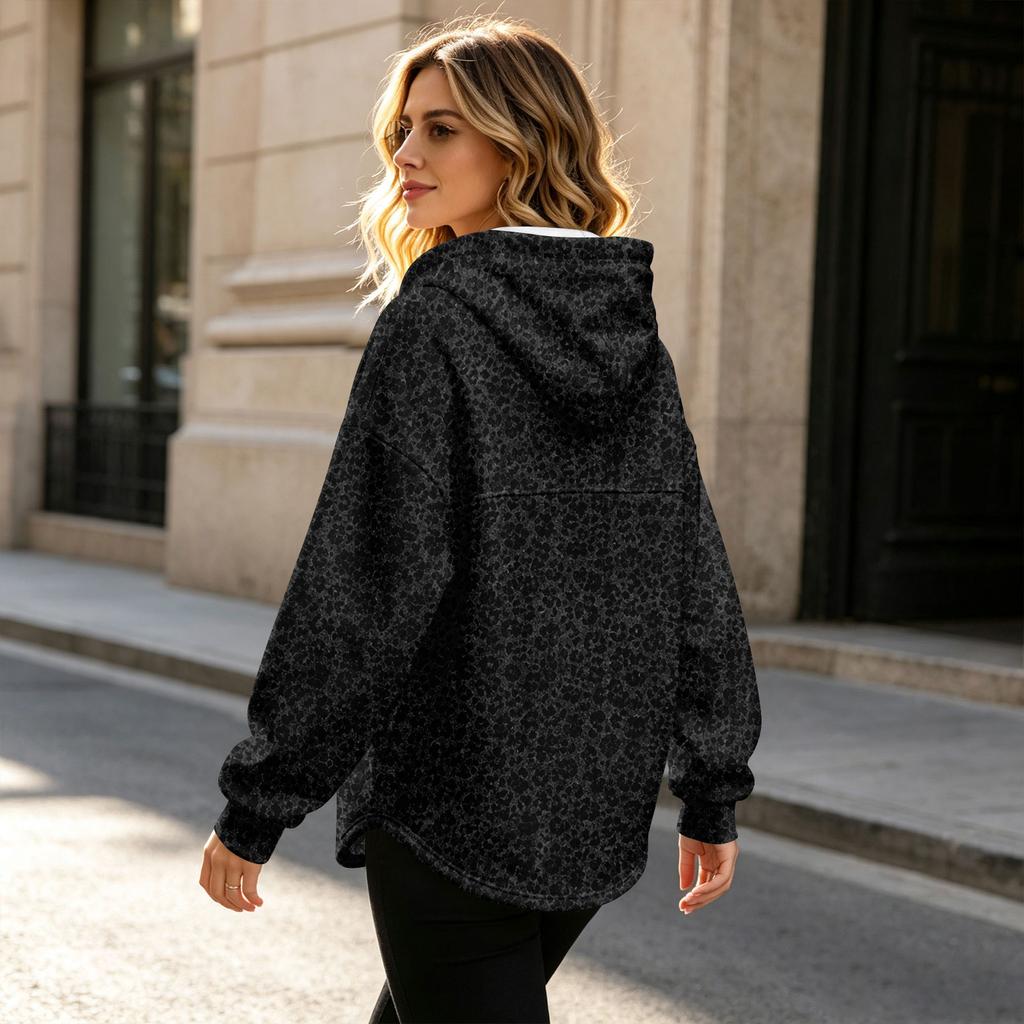 Women's Lightweight Quarter-Zip Hoodie Leopard Print Pullover Sweatshirt Without Pockets for Casual Wear