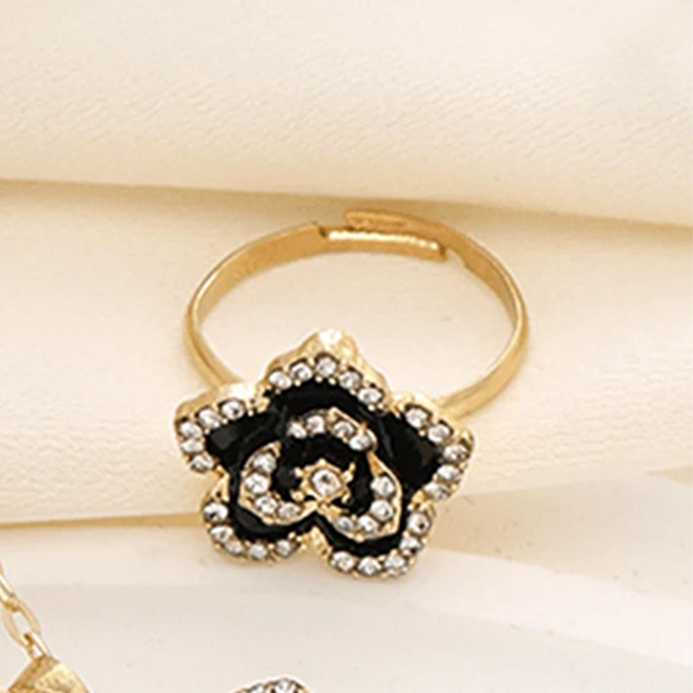 4 Piece Set Of Women Black Floral Zircon Necklace Earrings And Ring Set Personalized Fashionable And Versatile Creative Zircon