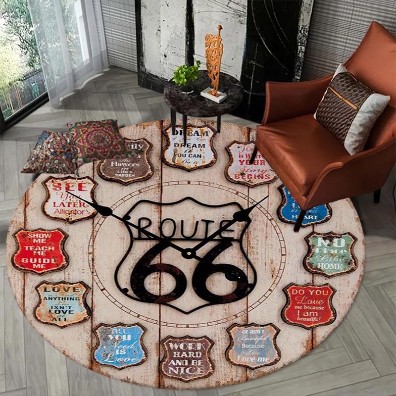 Clock Route 66 Round Area Rug,Carpet Rug for Living Room Bedroom Sofa Playroom Decor,Non-slip Floor Mat