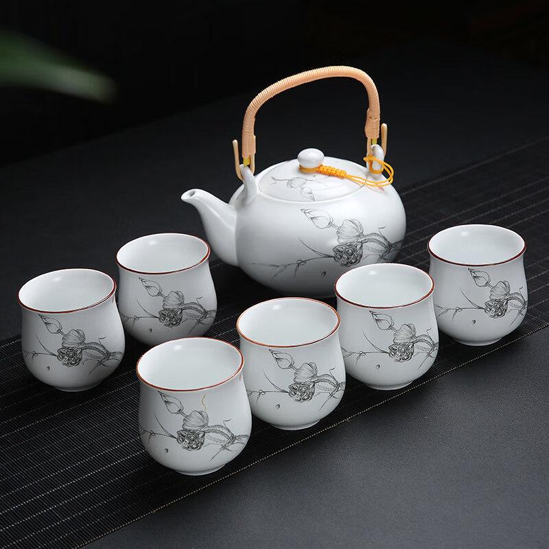 Ink Lotus Chinese Ceramic Tea Set with Overhead Handle Teapot