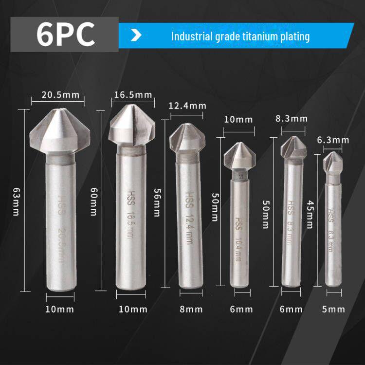 

Набор из 6 сверл с тремя лезвиями и титановым покрытием для снятия фаски по дереву, 90°