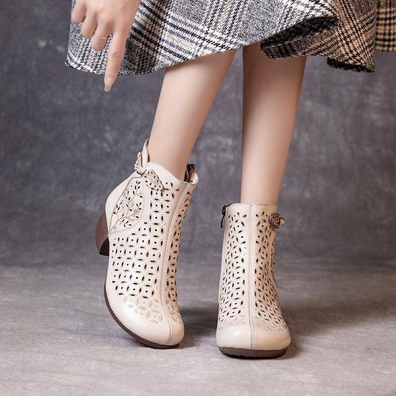 New hollow leather cool boots women's thick high heel retro short boots breathable hole soft sole mother high top sandals