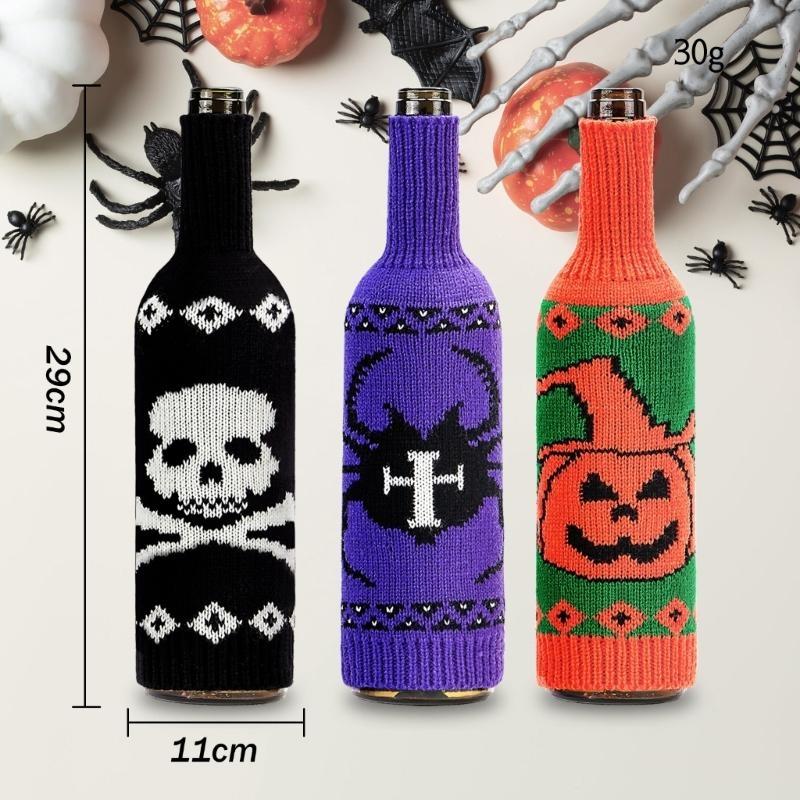652F Halloween Wine Bottle Cover Pumpkin Skull Spiders Knitting Wine Bags Decoration