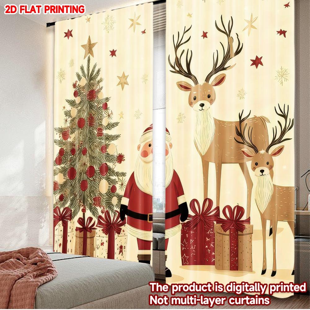 

Set Of 2 Flat Printing Happy Christmas Party Curtains Santa Reindeer Digital Printed Polyester Drapes Non Fading Curtain W100*H70(CM)-Rod Pocket&1PCS