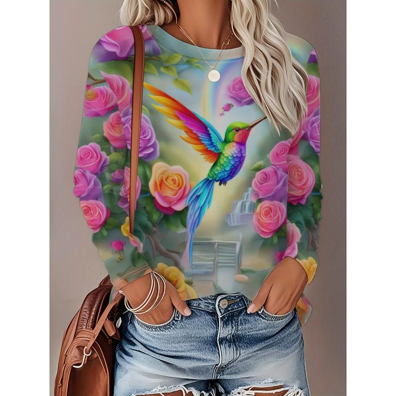Womens Loose Fit Long Sleeve Round Neck T-Shirt With 3D Dinosaur Christmas Tree Print Milk Silk Fabric