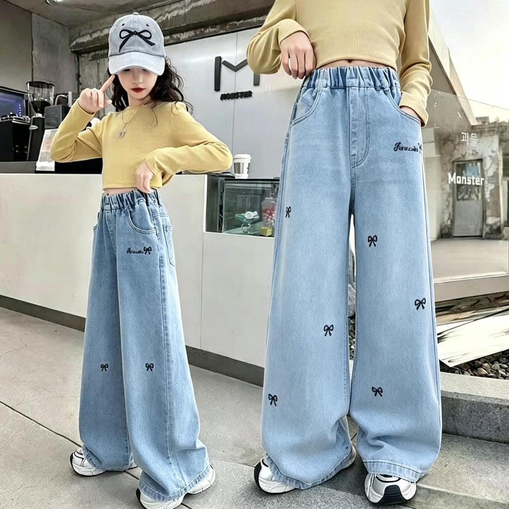 Bestickte Wide-Leg Jeans für Mädchen für Frühling & Herbst - Gerader & Lockerer Schnitt für Kleine & Ältere Mädchen