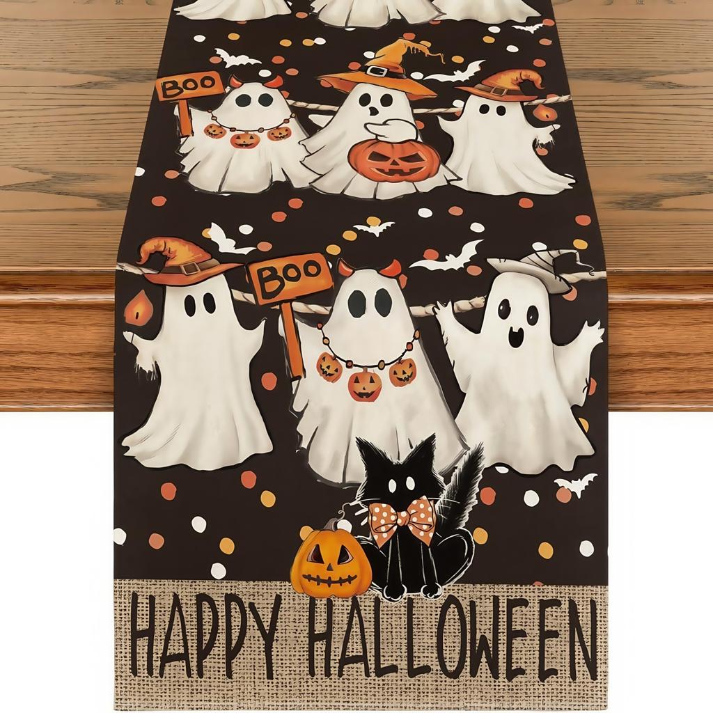 Halloween Table Runner Cute Ghost Pumpkin Black Cat Bat Dot Print Halloween Dinner Party Sideboard Dresser Home Decoration