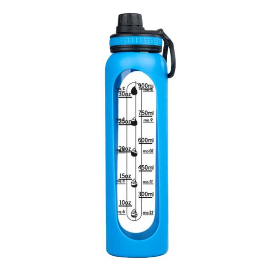 

Стеклянная бутылка для воды с силиконовым чехлом и маркером времени 1000 мл, герметичная боросиликатная чашка для воды для спорта, фитнеса, офиса, горячих и холодных напитков без BPA