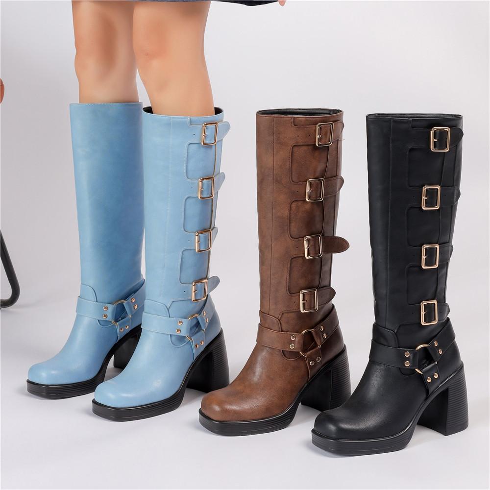 Fashion Ladies Motorcycle Booties Punk Style High Heel Shoes Autumn Winter Gothic Platforms Woman Buckle Square Toe Knee-High Boots