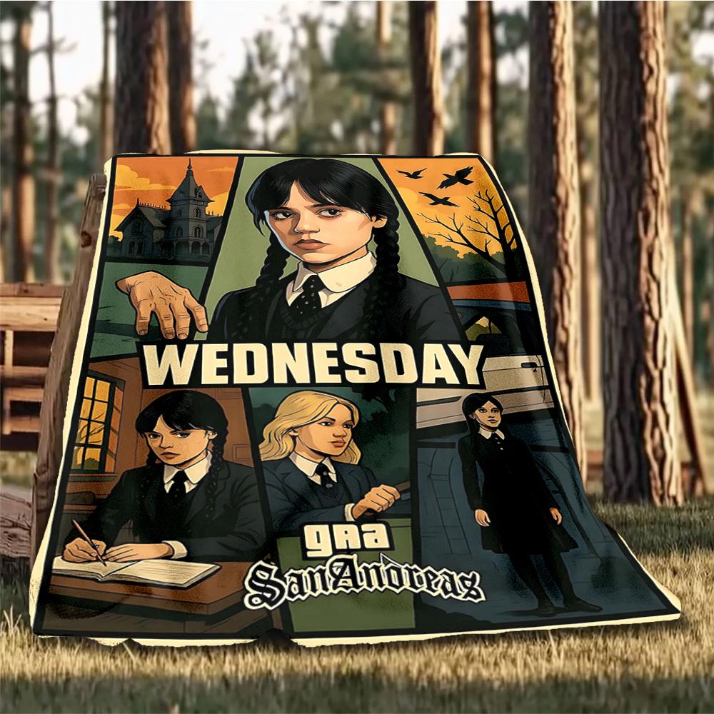 1pc Wednesday Addams Outdoor Flannel Blanket Gift For Boys Girls Adults, Family Friends