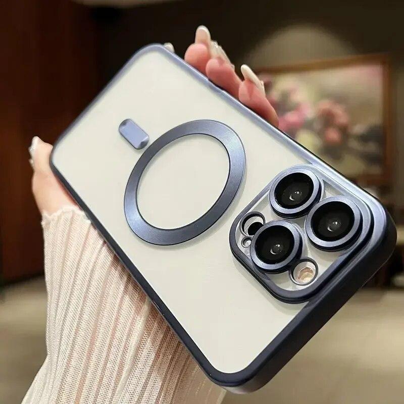 Luxury Matte Plating Frame Clear Case For IPhone 15 14 13 12 11 Pro Max Plus Magsafe Magnetic Wireless Charge Lens Protect Cover