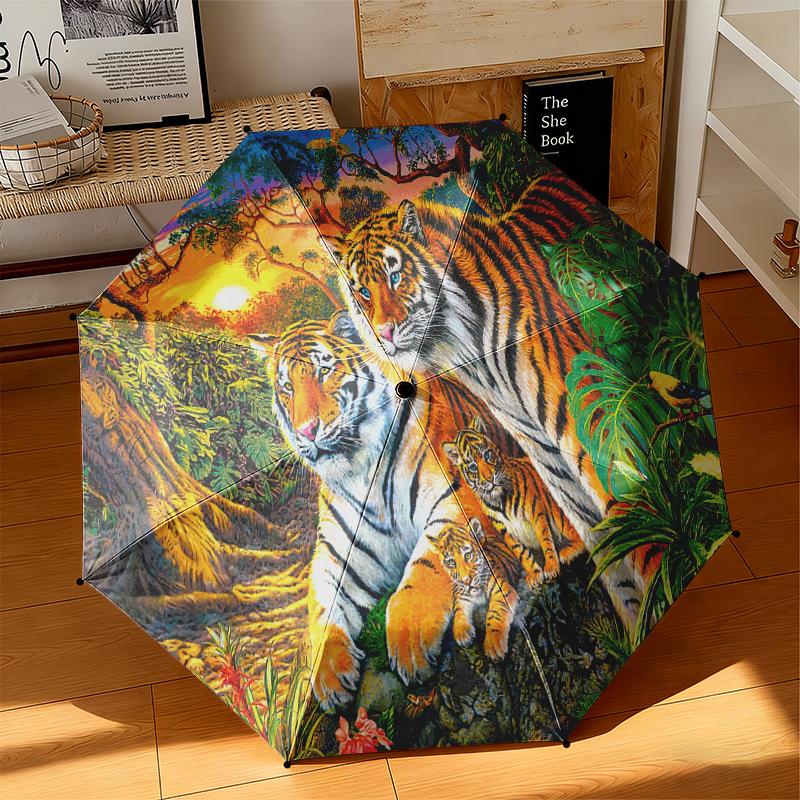 1pc cartoon tiger Umbrella Portable Folding Umbrella Iron Frame Hole Bone Structure Outdoor Home Umbrella