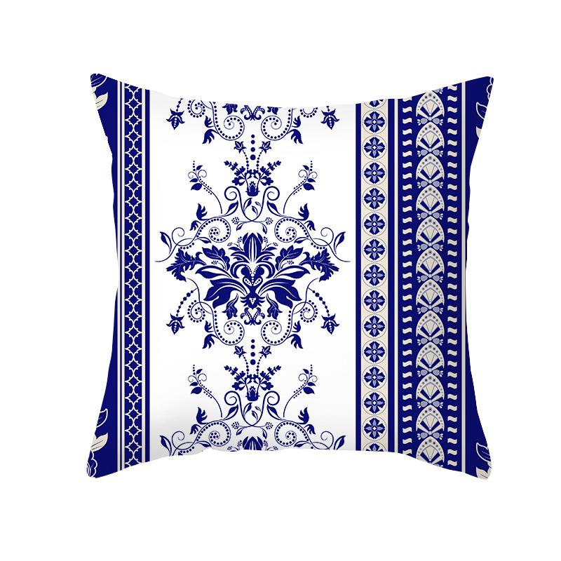 Ethnic Style Sofa Pillow Cover Blue Printed Peach Skin Pillow Cover Office Cushion