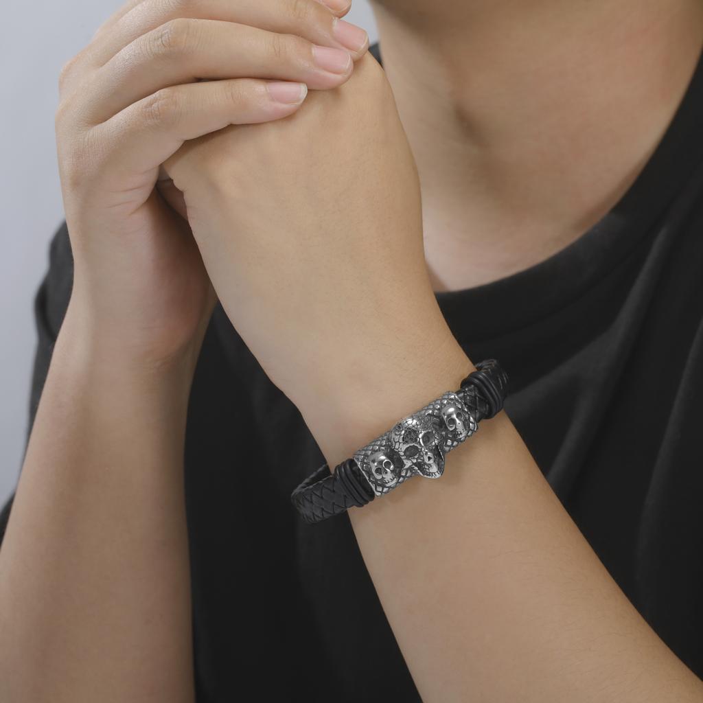 LIKGREAT Halloween Skull Bracelet for Men Gothic Leather Rope Bracelets Braided Bangles Jewelry Homme Accessories Gift Wholesale