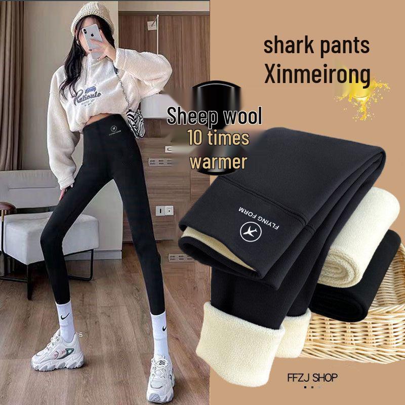 Women's High-Waisted Fleece-Lined Shark Leggings: Winter Warm Slimming Yoga Pants