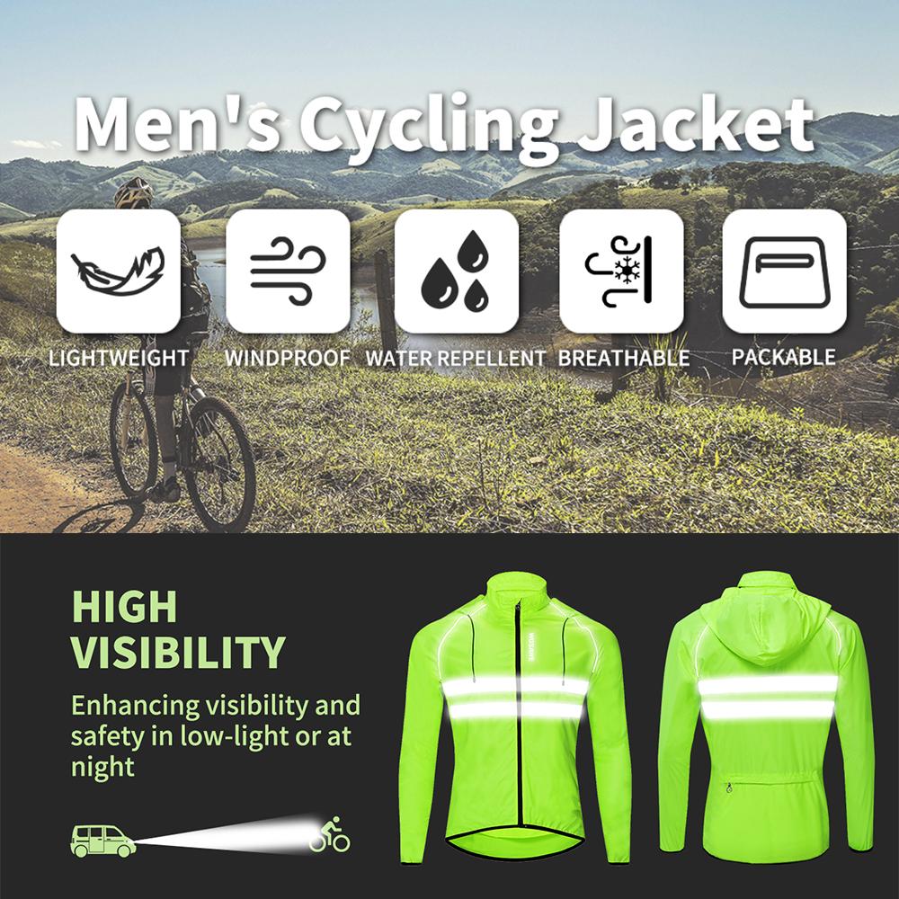 Wosawe Giacca da ciclismo con cappuccio, alta visibilità, impermeabile, antivento, maglia da bici, cappotto da bicicletta, da uomo