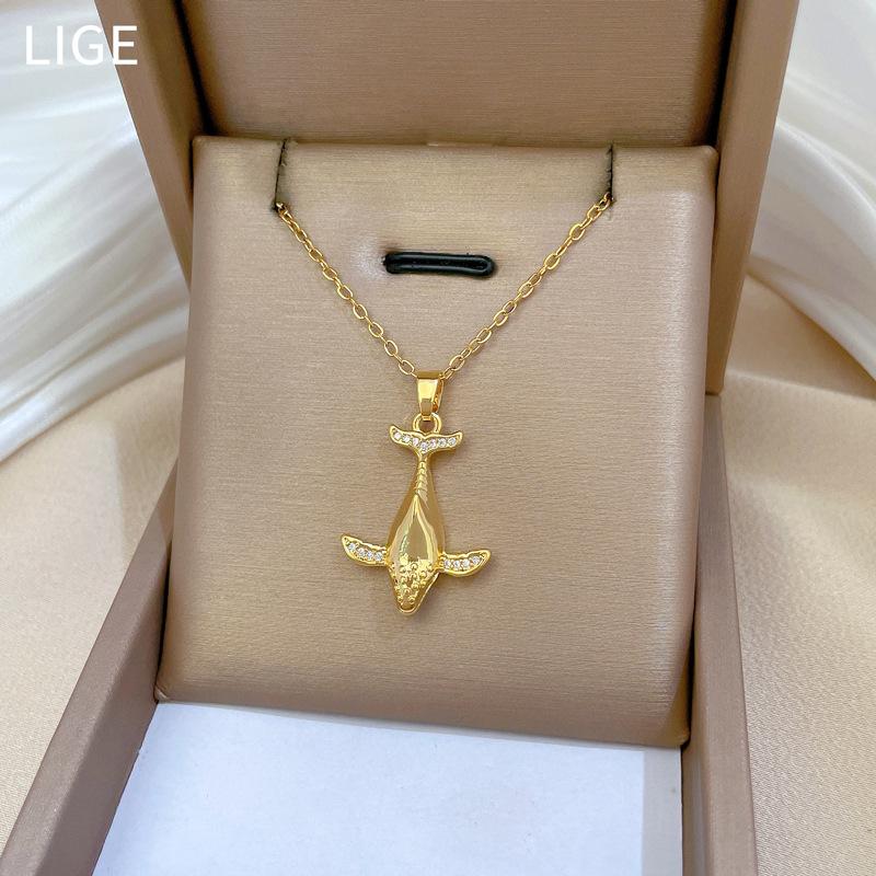 Three-Dimensional Full Diamond Whale Light Luxury Temperament Gorgeous Full Diamond Necklace Women'S Versatile Collarbone Chain Titanium Steel Chain
