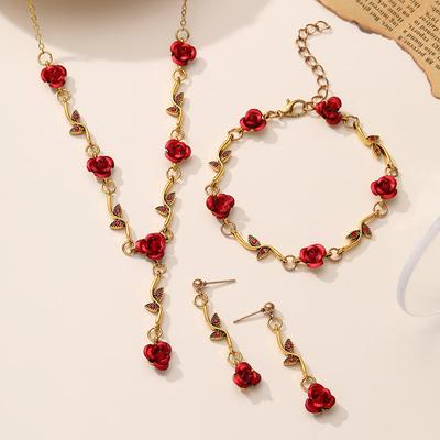 Vintage Red Rose Flower Necklace Bracelet Earrings Jewelry Set for Women Tassel Clavicle Chain Wedding Engagement Jewelry Gifts