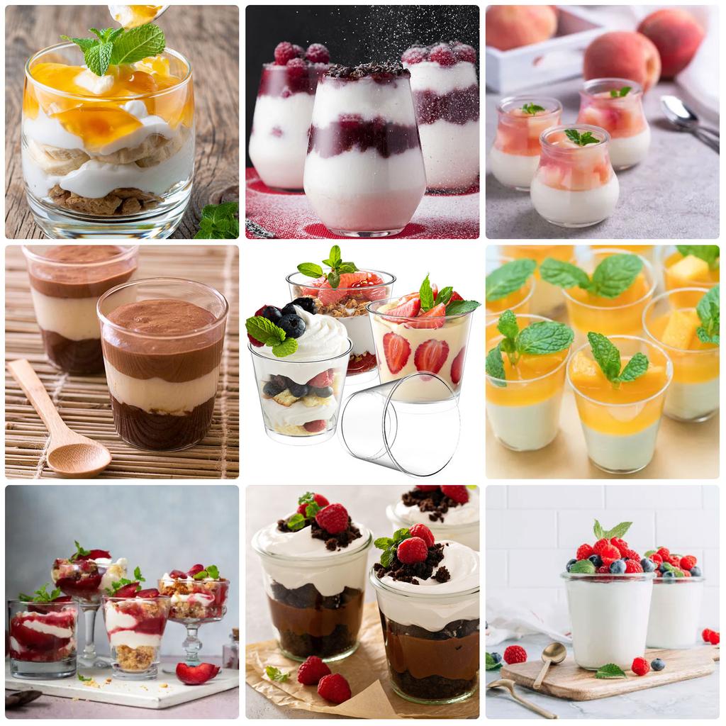 50Pcs Dessert Cups 200ML Round Parfait Appetizer Cups Plastic Dessert Cup for Pudding Mousse Yogurt Snacks Party Supplies