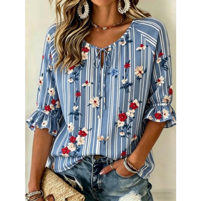 Women's elegant printed lace-up flared top, stylish and versatile, comfortable and skin-friendly