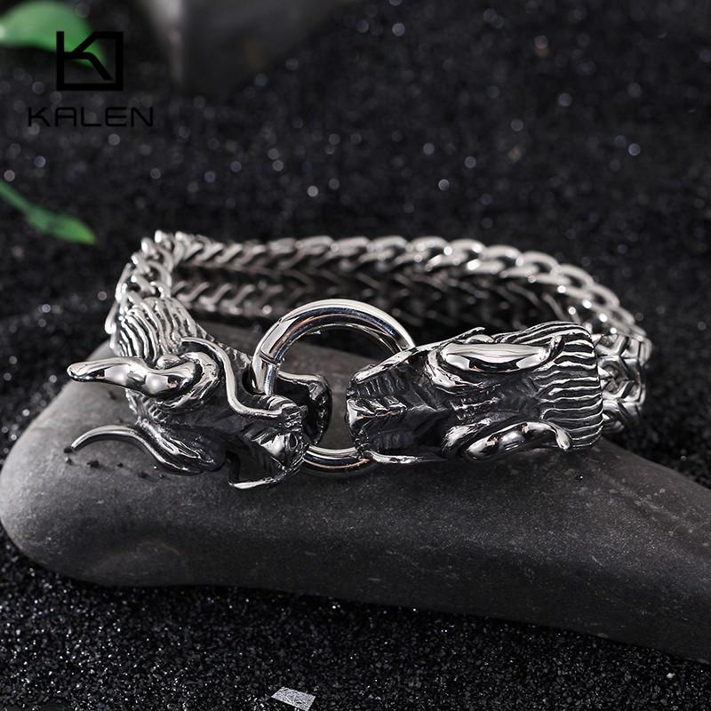 Chinese Dragon Head Charm Bracelets for Men Gold Color 316 Stainless Steel Jewelry High Polished Curb Chain Bracelet