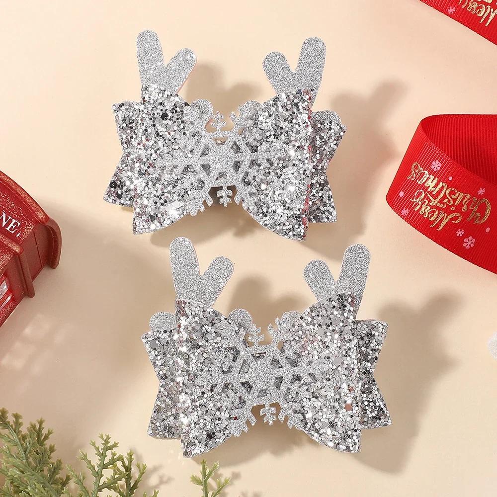 2pcs Glitter Christmas Kids Bows Hairpin for Girls Antlers Printed Fabric Ponytail Clips Christmas Holiday Prom Hair Accessories