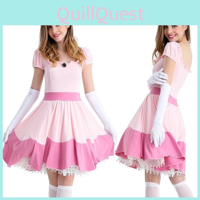 Elegant Super Mario Pink Princess Peach Costume Dress With Crown And Gloves Set
