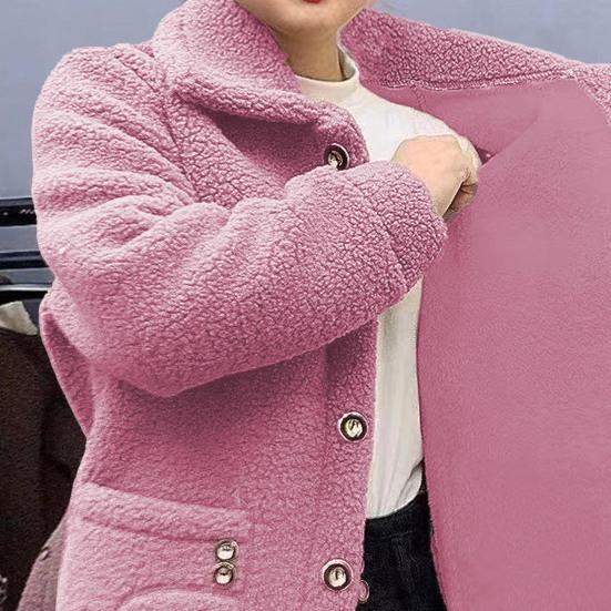 Women Autumn Winter Solid Color Jacket Coat Lapel Long Sleeve Thickened Imitation Lamb Wool Cardigan Single Breasted Outwear Streetwear