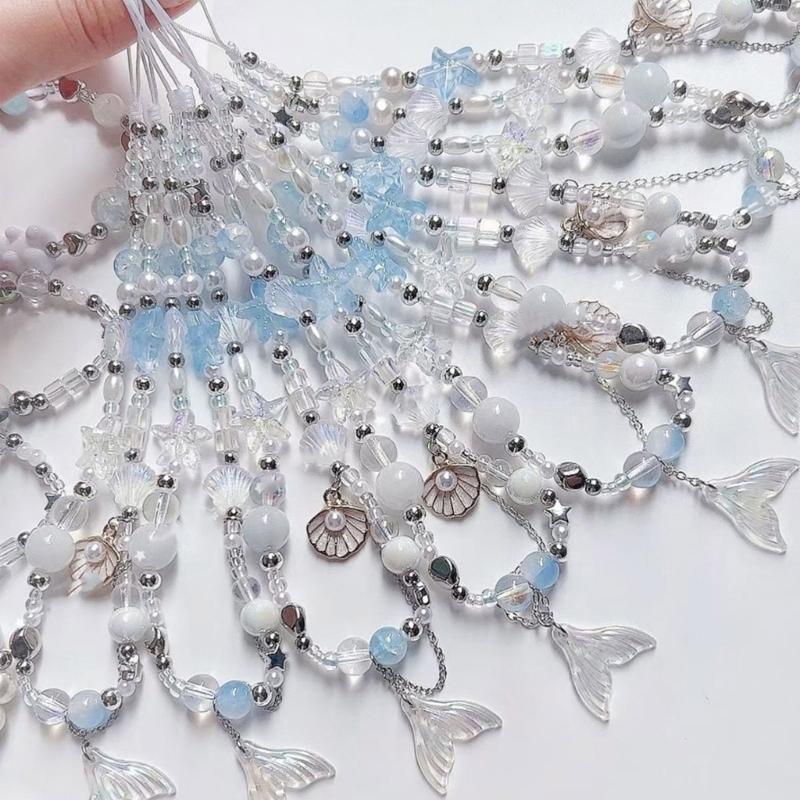 Cute Fish Tail Phone Chain Charm Straps Acrylic Beaded Shell Pendant Handmade Phone Lanyard Keychain Wristband for Bag